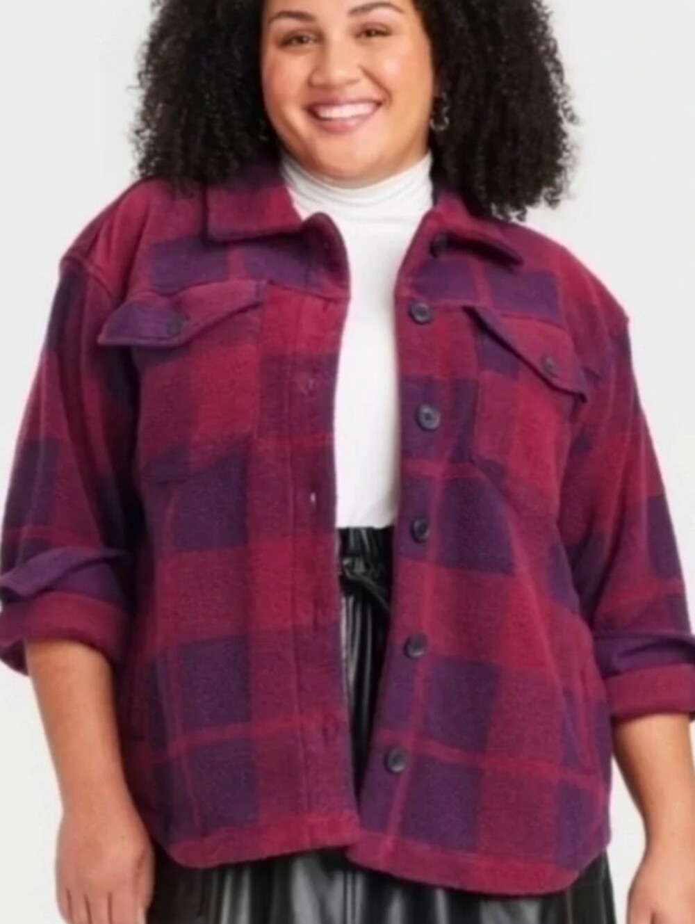 Plus-Size Burgundy Plaid Shacket Jacket